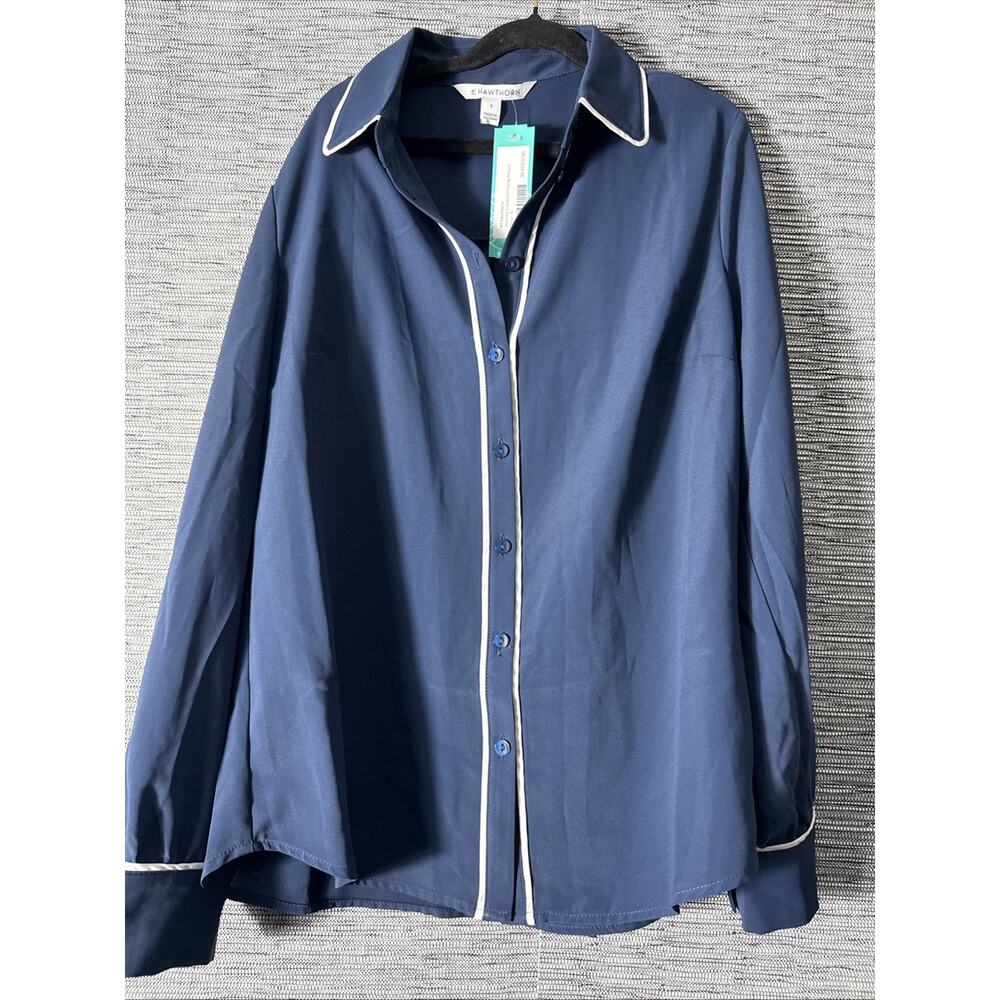 41 Hawthorne Sharron Contrast Piping Blouse, Navy, Small